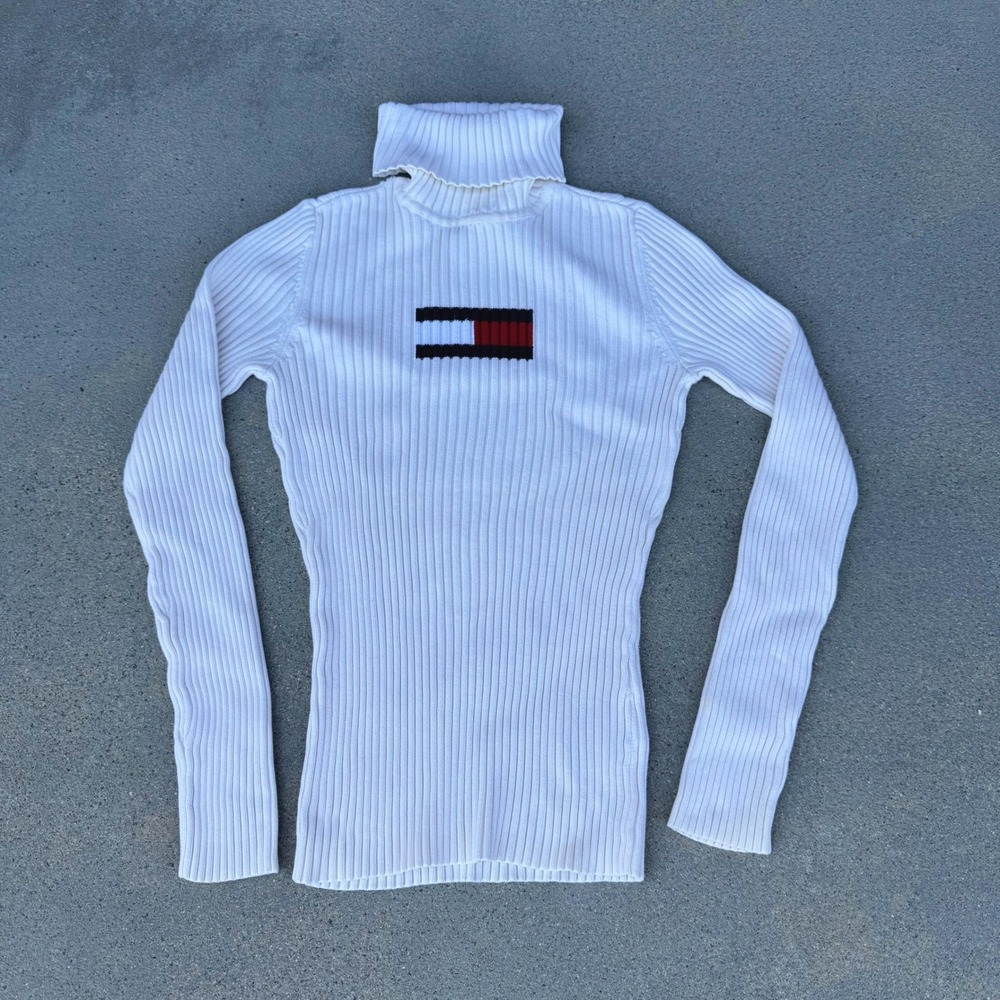 Tommy Hilfiger Womens White Ribbed Knit Turtleneck Flag Logo Sweater XS